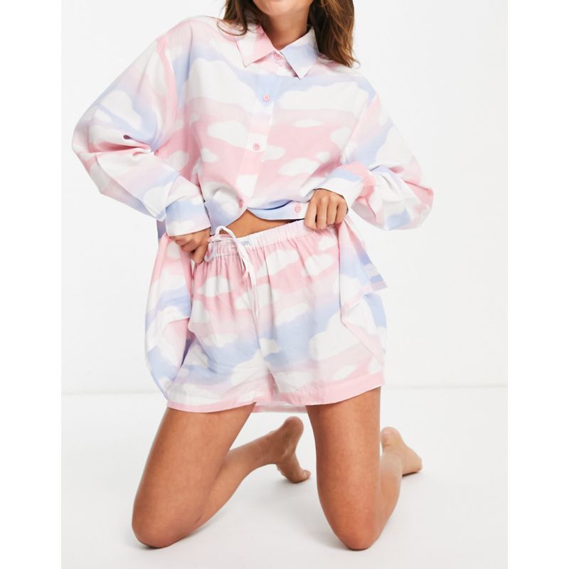 DESIGN – Mix & Match – Pyjama-Shorts aus Modal in Rosa, Blau und Weiß mit Wolkendesign