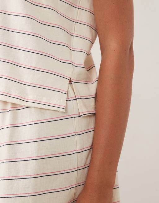 ASOS DESIGN – Mix & Match – Pyjama-T-Shirt aus Baumwolle in Cremeweiß gestreift mit Oversize-Passform und Seitenschlitzen, 2 von 4
