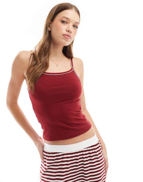 ASOS DESIGN – Mix & Match – Pyjama-Trägertop in Burgunderrot mit Picot-Besatz - view 1