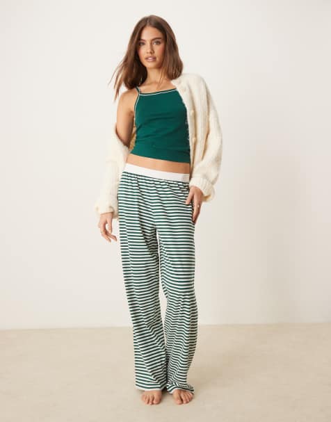 ASOS DESIGN mix & match pyjama trouser with exposed waistband and picot trim in green stripe - view 1