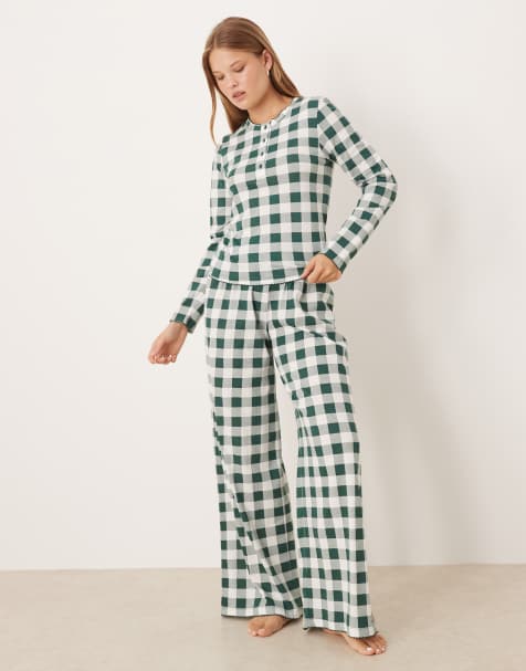 ASOS DESIGN mix & match pyjama trouser with velvet waistband in green check print - view 1