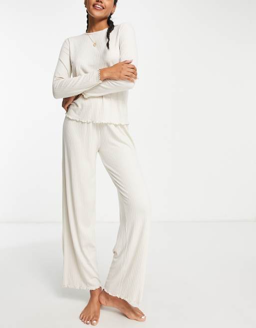 ASOS DESIGN - Mix & match pyjamabroek met ribbels en geribbelde zoom in lichtbeige