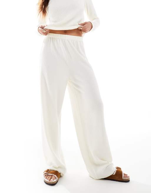ASOS DESIGN – Mix & Match – Pyjamahose in Elfenbein mit Waffelstruktur und Spitzenborte