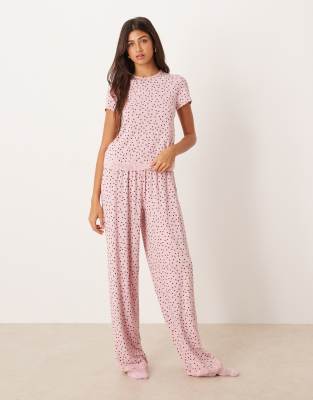 ASOS DESIGN - Mix & Match - Pyjamahose in Rosa mit weitem Bein, Spitzenborte und Herzmuster