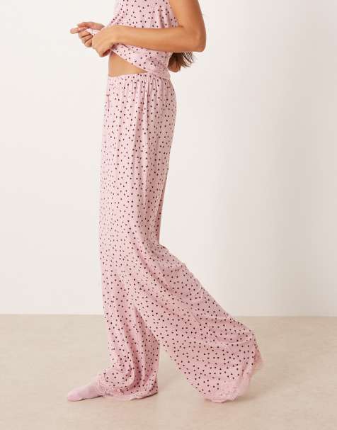ASOS DESIGN – Mix & Match – Pyjamahose in Rosa mit weitem Bein, Spitzenborte und Herzmuster - view 1