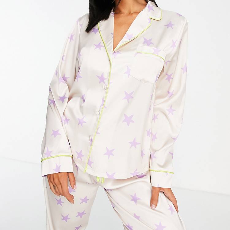 Nationale volkstelling Passief Flipper ASOS DESIGN - Mix & Match - Pyjamashirt met lange mouwen van satijn met  sterrenprint in champagne | ASOS
