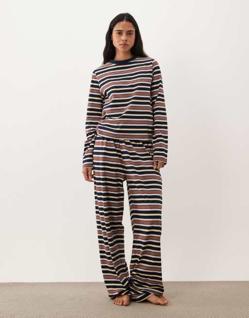 ASOS DESIGN mix & match pyjamatopp med långa ärmar i blått och brunt randigt, 2 av 4