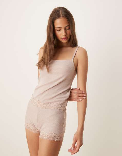 ASOS DESIGN mix & match rib and lace pyjama cami in brown - view 1