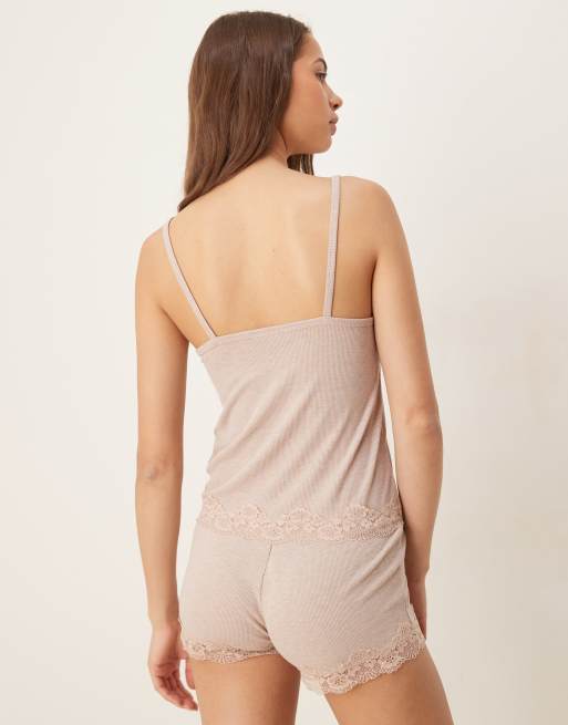 ASOS DESIGN mix & match rib and lace pyjama cami in brown