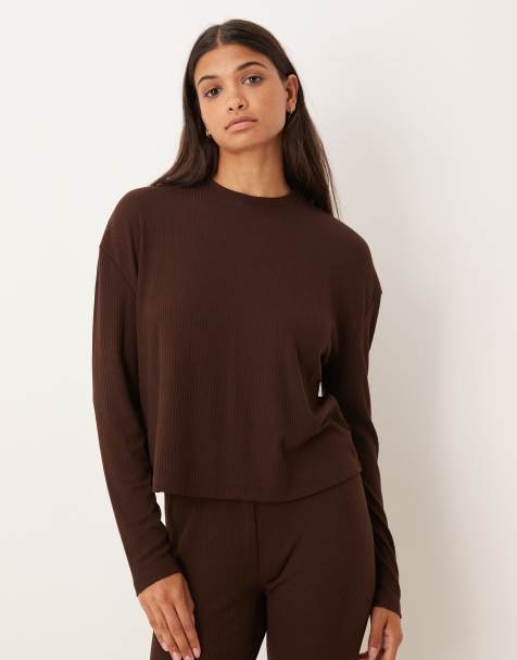ASOS DESIGN mix & match rib and trim long sleeve top in chocolate brown - view 1