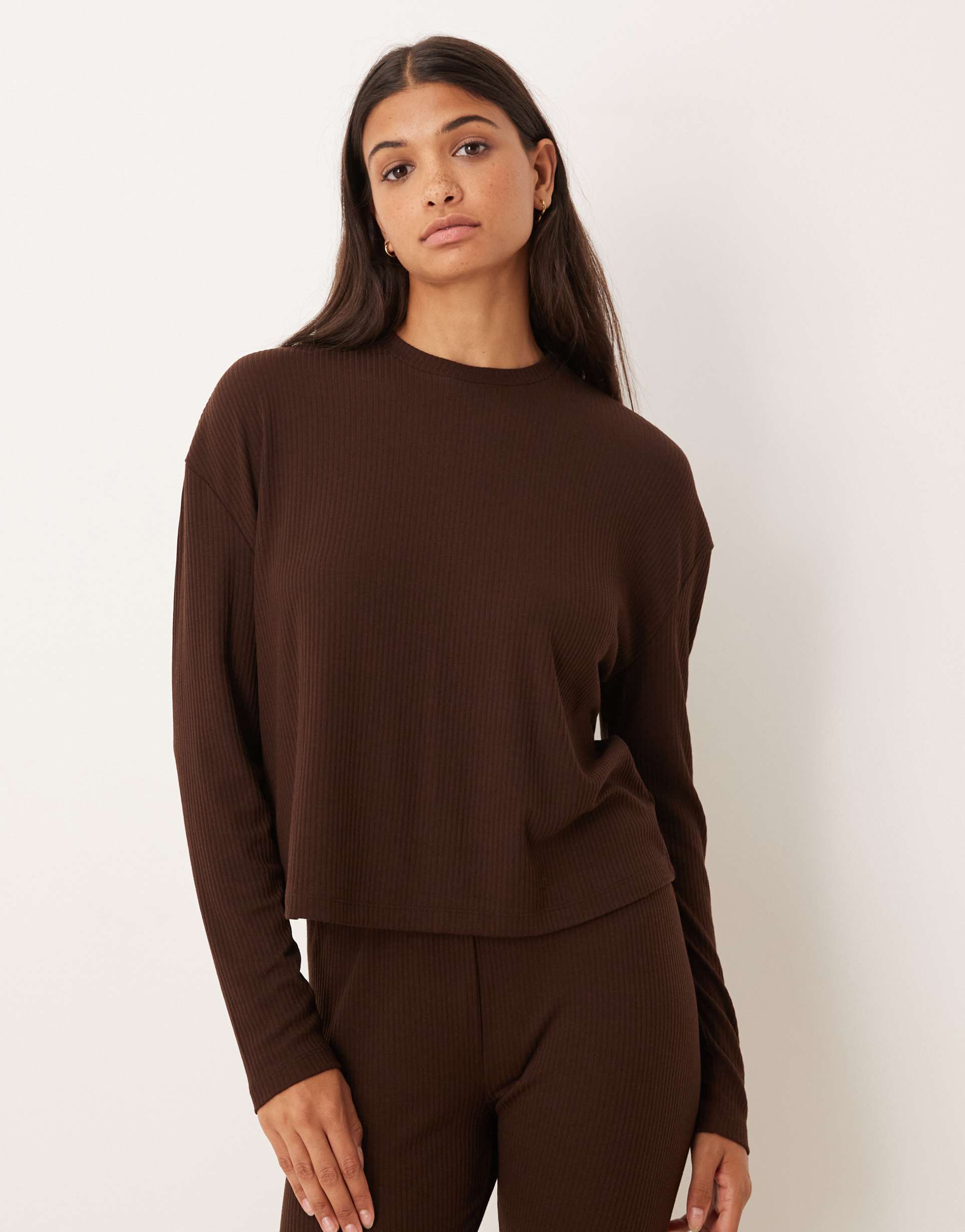 asos design mix & match rib and trim long sleeve top in chocolate brown