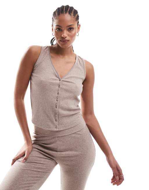 ASOS DESIGN mix & match rib and velvet trim button through tank top in light brown