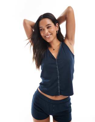 mix & match rib and velvet trim button through tank top in navy