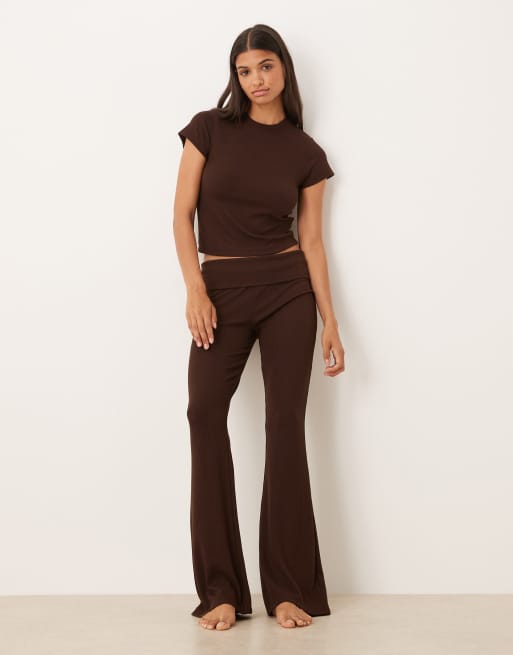 ASOS DESIGN Mix & Match rib and velvet trim fold over pants in chocolate brown