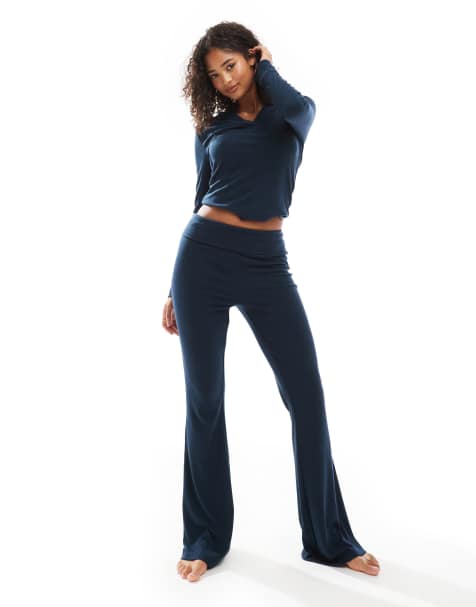 ASOS DESIGN mix & match rib and velvet trim fold over trouser in navy - view 1