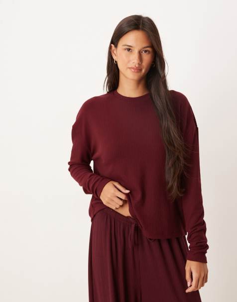 ASOS DESIGN mix & match rib and velvet trim long sleeve top in burgundy - view 1
