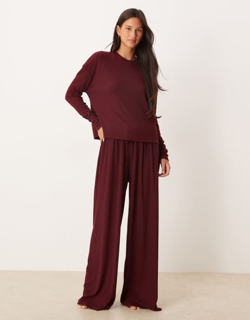 ASOS DESIGN mix & match rib and velvet trim long sleeve top in burgundy, 2 of 4