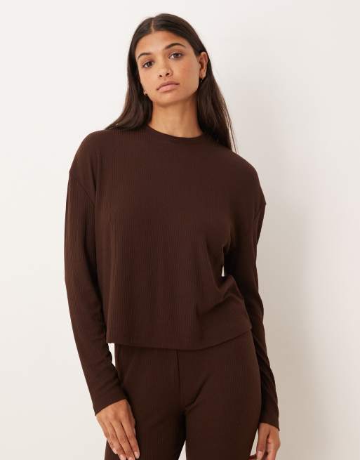 ASOS DESIGN mix & match rib and velvet trim long sleeve top in chocolate brown