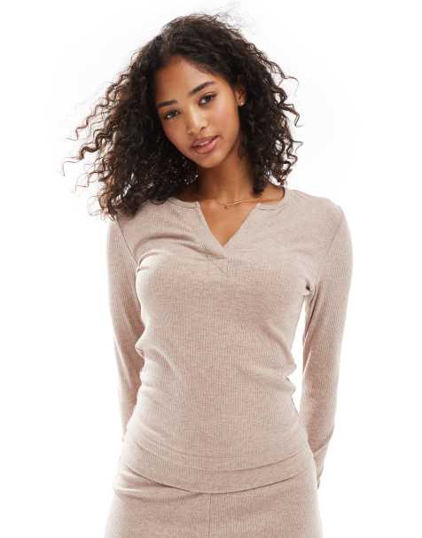 ASOS DESIGN mix & match rib and velvet trim long sleeve top in light brown - view 1