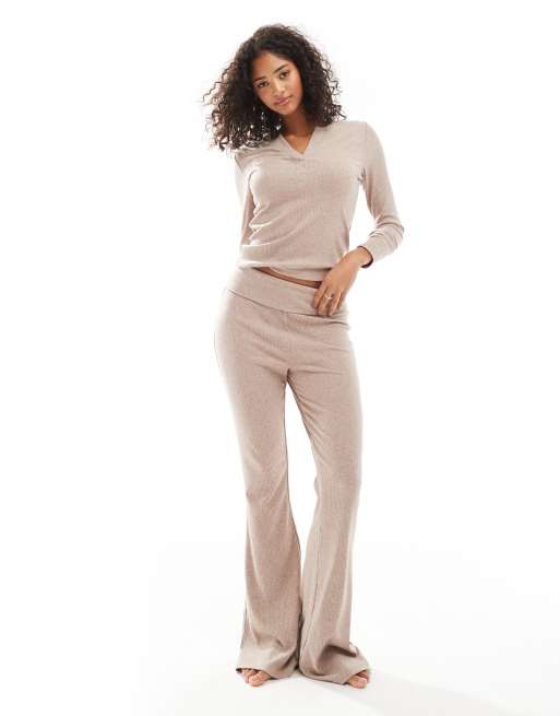 ASOS DESIGN Mix & Match rib and velvet trim long sleeve top in light brown, 2 of 4