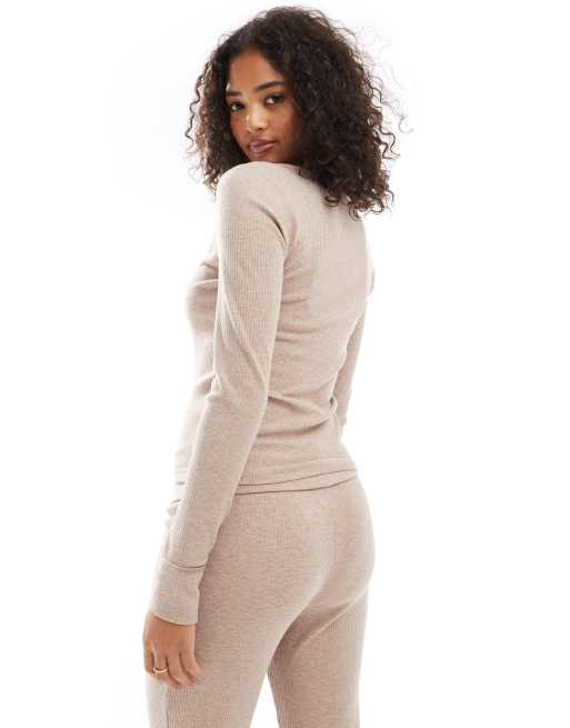 ASOS DESIGN Mix & Match rib and velvet trim long sleeve top in light brown, 3 of 4