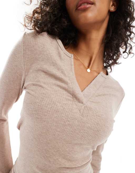 ASOS DESIGN Mix & Match rib and velvet trim long sleeve top in light brown, 4 of 4