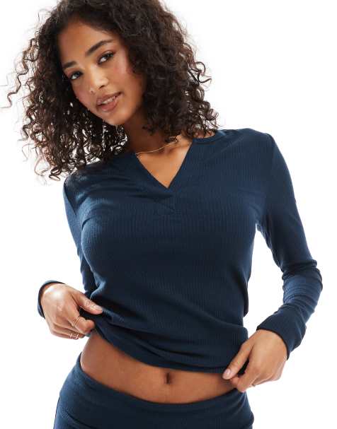 ASOS DESIGN mix & match rib and velvet trim long sleeve top in navy - view 1