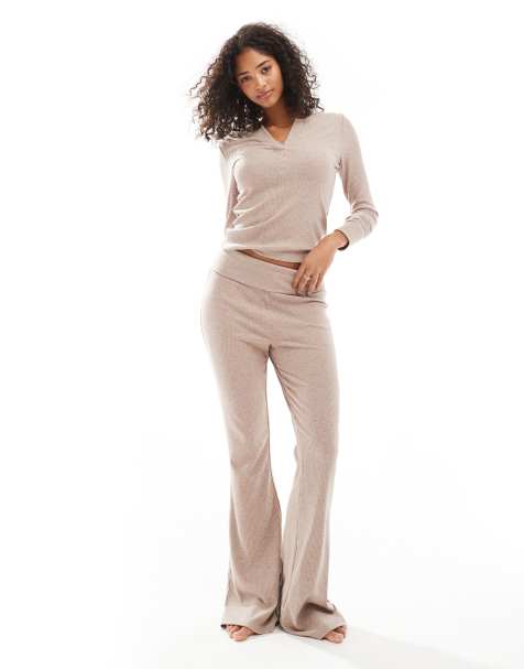 ASOS DESIGN Mix & Match rib and velvet trim set in brown - view 1