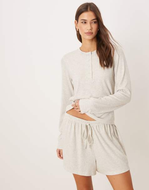 ASOS DESIGN mix & match rib flippy pyjama shorts in beige - view 1