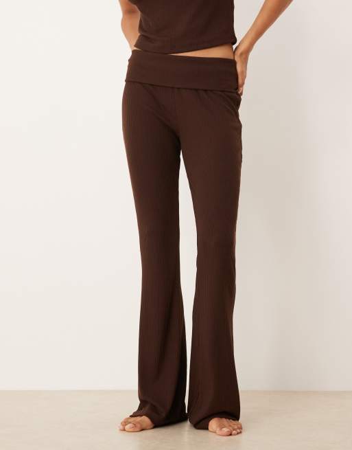 ASOS DESIGN mix & match rib fold over trouser in chocolate brown, 2 of 4