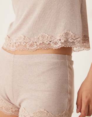 Asos Design Mix & Match Rib Knit And Lace Pajama Tee In Brown