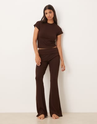 Asos Design Mix & Match Rib Knit And Velvet Trim Fold Over Pants In Brown