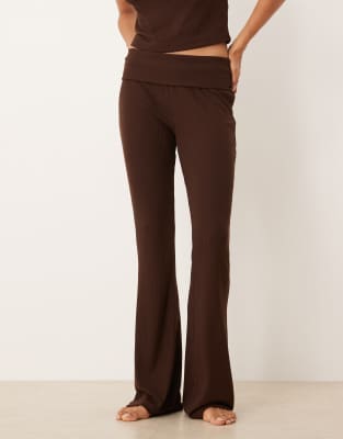 Asos Design Mix & Match Rib Knit And Velvet Trim Fold Over Pants In Brown