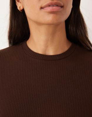 Asos Design Mix & Match Rib Knit And Velvet Trim Long Sleeve Top In Brown