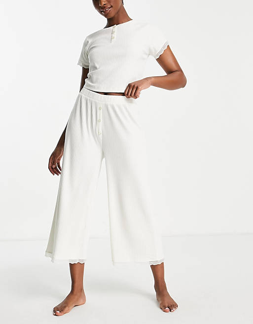 ASOS Asos Design Curve Mix & Match Rib & Lace Button Front Pyjama Top in White Womens Clothing Nightwear and sleepwear Pyjamas 