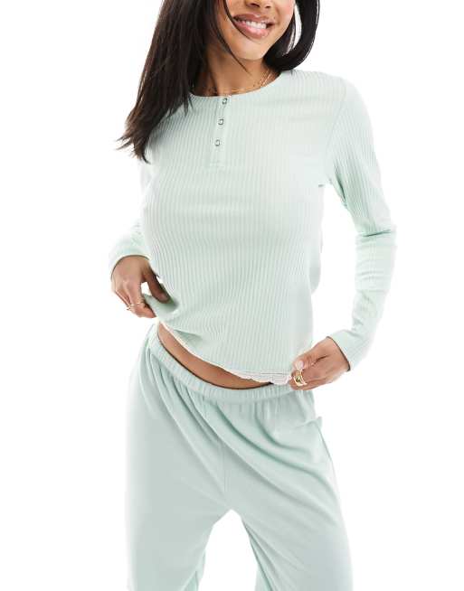 ASOS DESIGN mix & match rib & lace pyjama henley top in green
