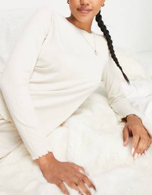 ASOS DESIGN mix & match rib long sleeve pyjama top with lettuce hem in oatmeal - ASOS Price Checker