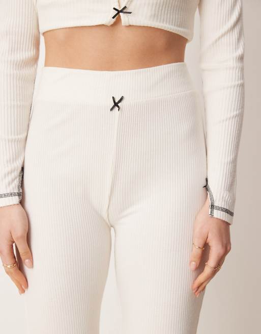ASOS DESIGN mix & match rib pajama pants with bow in cream