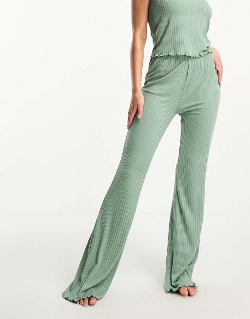 ASOS DESIGN Mix & Match rib pyjama set with lettuce hem in khaki, 2 of 3