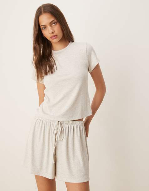 ASOS DESIGN mix & match rib pyjamas in beige - view 1