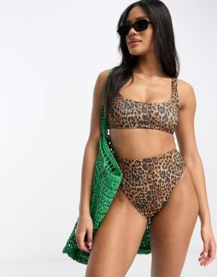 Black Scallop Crop Leopard Print Stitching Bikini Set