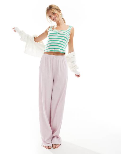 ASOS DESIGN Mix & Match rib stripe pyjama singlet and scrunchie in green and lilac