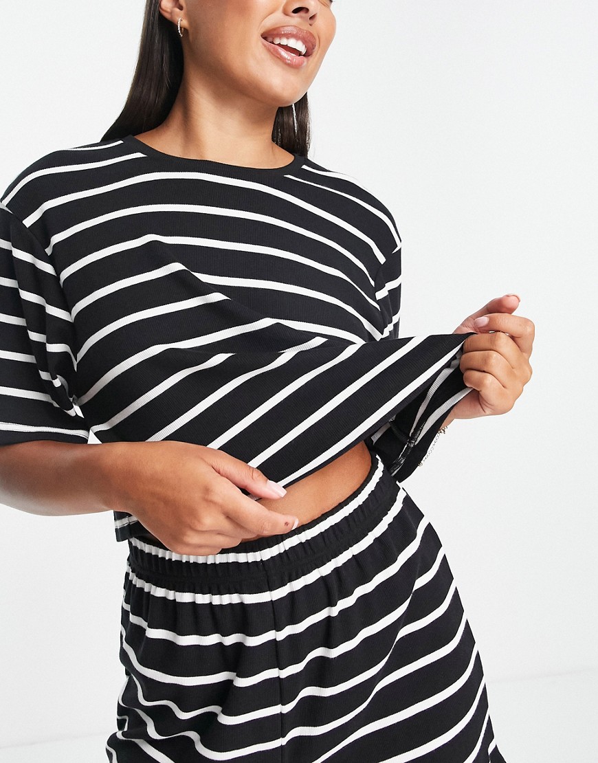 ASOS DESIGN mix & match rib stripe pyjama tee in black & white-Multi