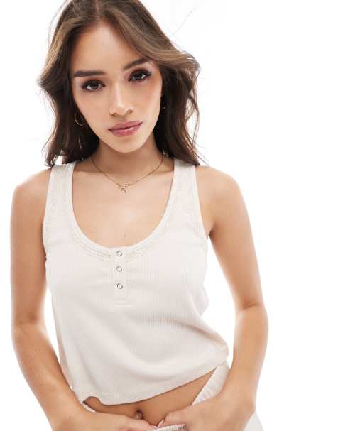 ASOS DESIGN mix & match rib vest with lace trim in beige - view 1