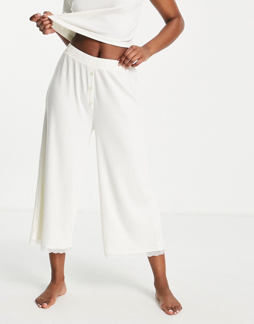 ASOS DESIGN mix & match ribbed & lace pajama culotte in cream-White