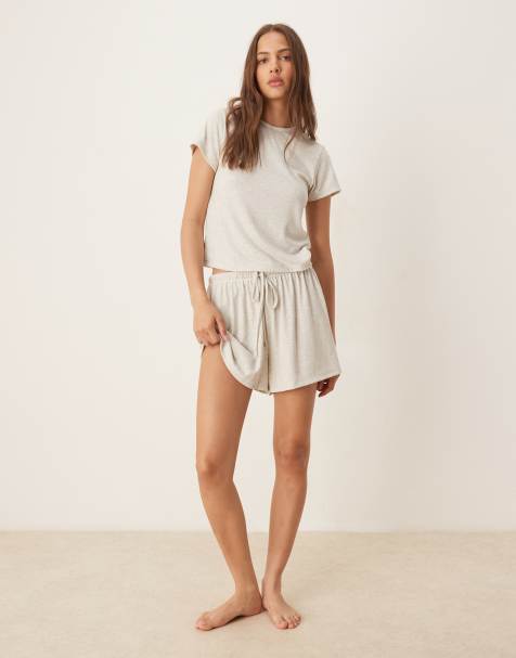 ASOS DESIGN mix & match ribbed pajamas in beige - view 1