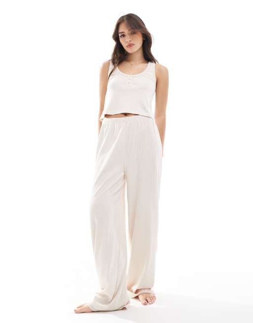 ASOS DESIGN Mix & Match ribbed pants with lace trim in beige, 3 of 4