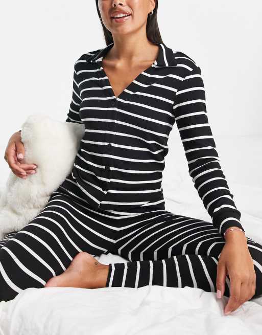 Loungeable stripe jacquard satin mix and match pajama set in black