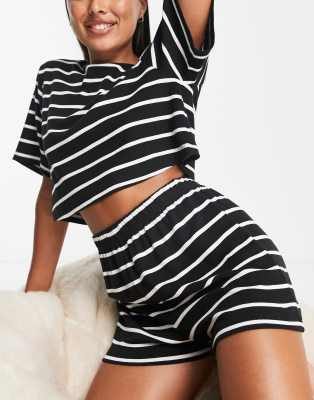 Asos Design Mix & Match Ribbed Stripe Pajama Shorts In Black & White-multi