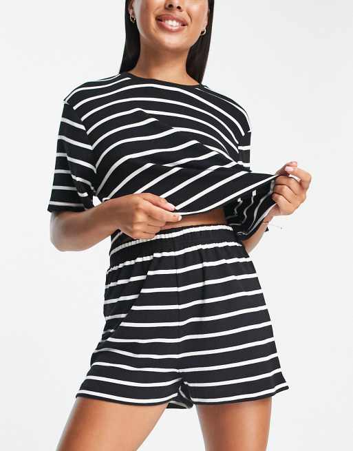 ASOS DESIGN mix match ribbed stripe pajama shorts in black